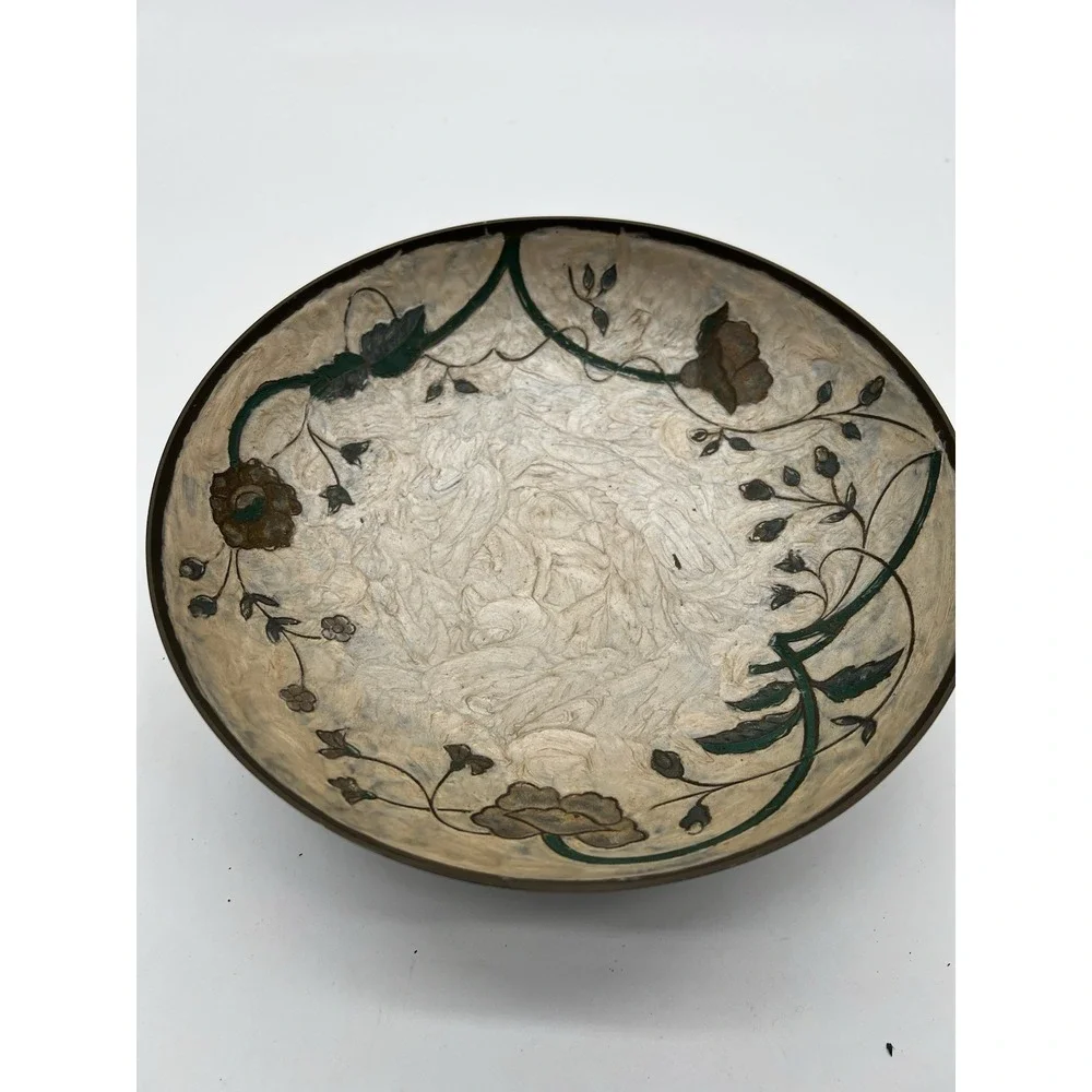 Vintage Solid Brass Enameled‎ Floral Color Painted Bowl 12